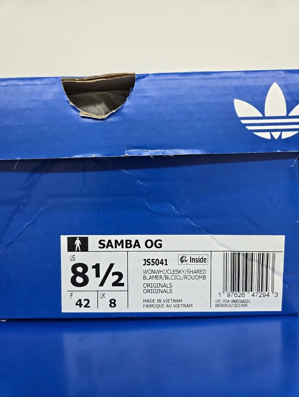adidas Men's Samba OG JS5041 Wonder White Clear Sky Shadow Red Shoes Size 8.5